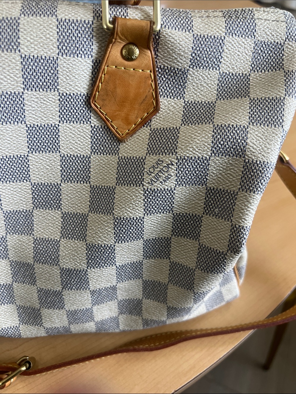 Louis Vuitton Cream/Gray Damier Azur Satchel with Tan Leather Trim.Used. - Picture 4 of 8
